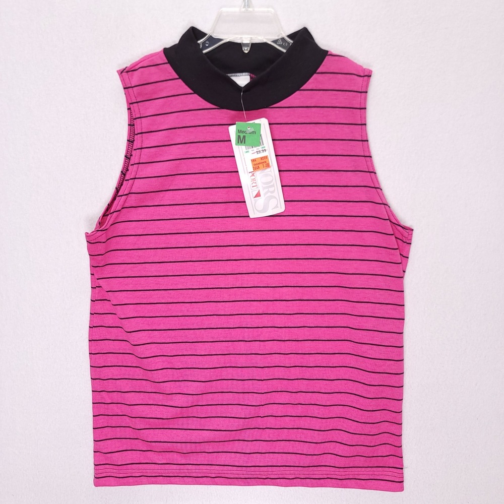 Vintage 90s Honors Sport Fuchsia Black Striped Mock Neck Tank Top‎ NWT Medium
